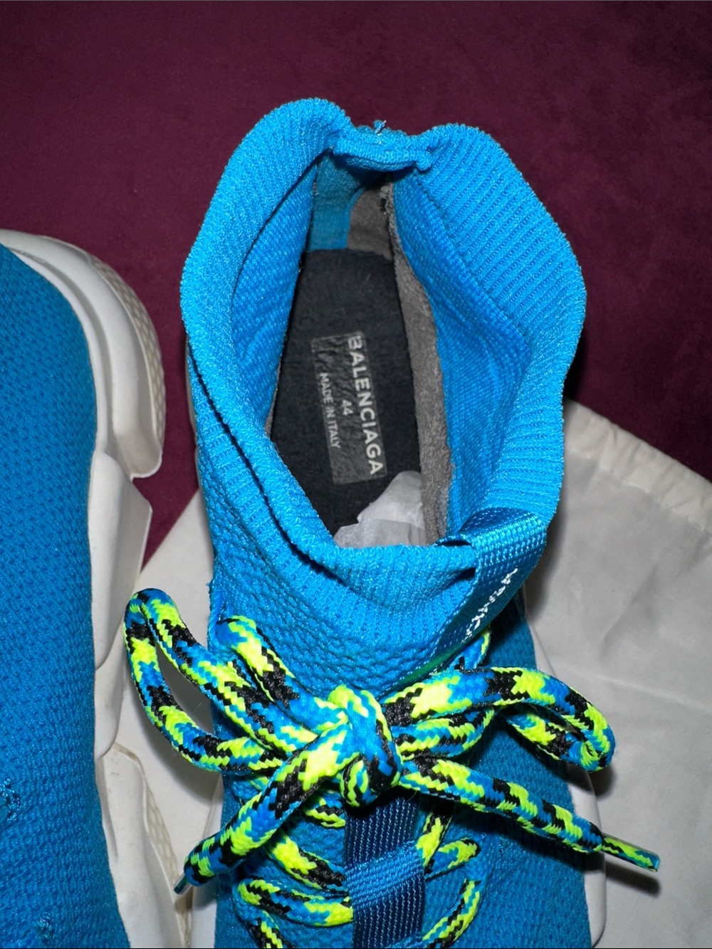 Balenciaga Turquoise Knit Speed Trainer Sneakers with Neon Laces - Picture 9 of 13